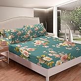 jejeloiu Pink Flower Bedding Sheets Full Flower Botanical for Adult Dark Green Fitted Sheet Bed Sheet Set Leaves Vintage Bed Cover 3Pcs,1 Fitted Sheet+2 Pillow Sham(No Flat Sheet)