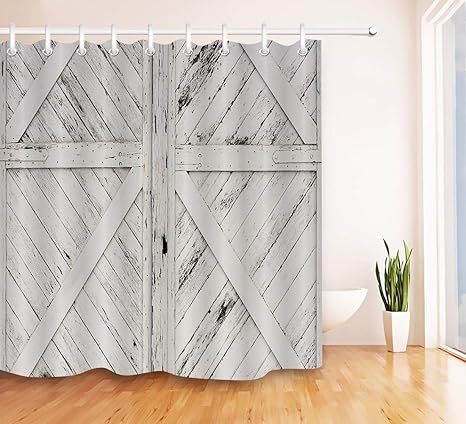 Lb Rustic Barn Door Grey White Painted Barn Wood Decor Shower Curtain For Bathroom Western Country Theme Decor Waterproof Decor Curtain 70 W X 78 L