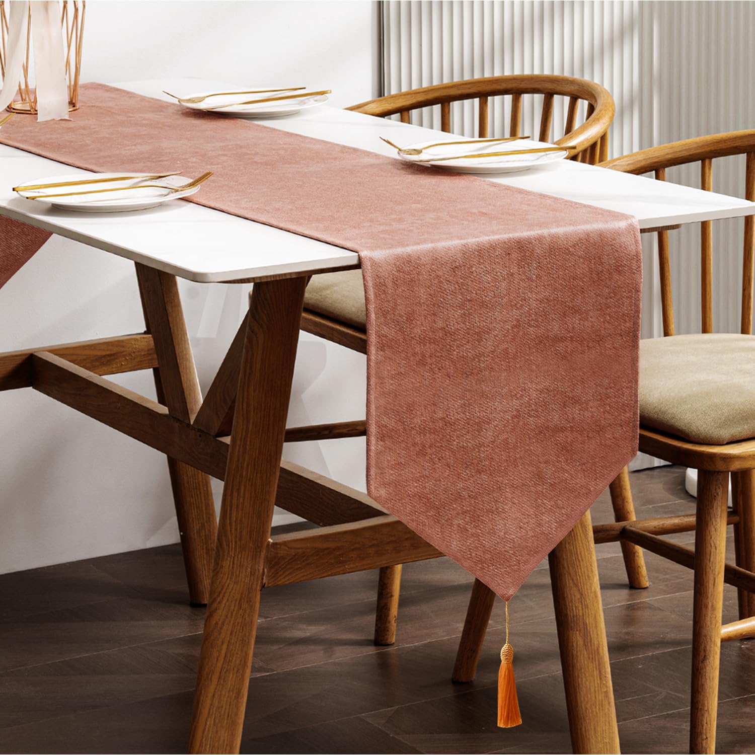 Table Runner with Tassels Spill-proof Machine Washable Luxury Home Table Decorative Dresser Scarves for Dining Kitchen Party Banquets Wedding Birthday (Blood Orange, 35 x 180 cm) — image 1