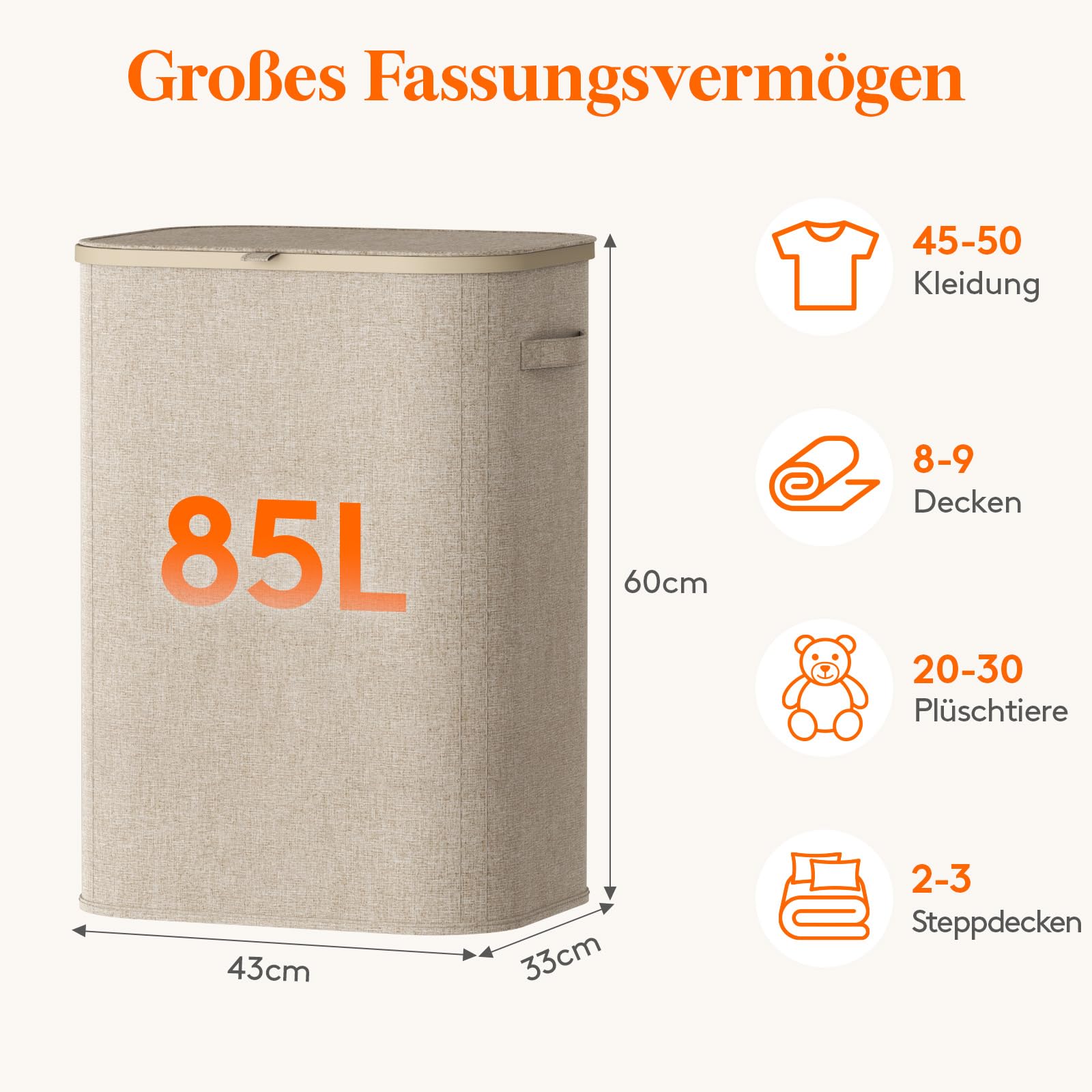 Lifewit Wäschekorb mit Deckel, 85L Wäschesammler mit Kunststoffrahmen, faltbarer großer Wäschesortierer, Wäschekörbe für Schlafzimmer, Bad, Beige 3