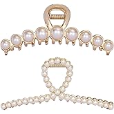 Textention Vintage Metal Pearl Hair Clip, Imitation Pearl Hair Claw Clips Large Size, Hair Clasps Accessories for Women Lady Girls, 2 Pieces