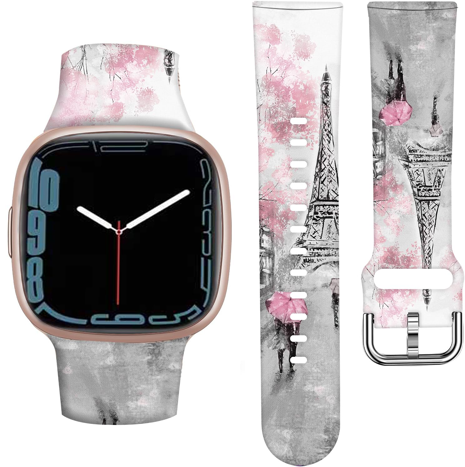 Photo 1 of ANDRIU Compatible with Versa 4/Versa 3 Band for Women, Cute Fadeless Replacement Sport Band Strap for Versa 4/Versa 3 Smartwatch(Art Paris Street Eiffel Tower Pink Floral)