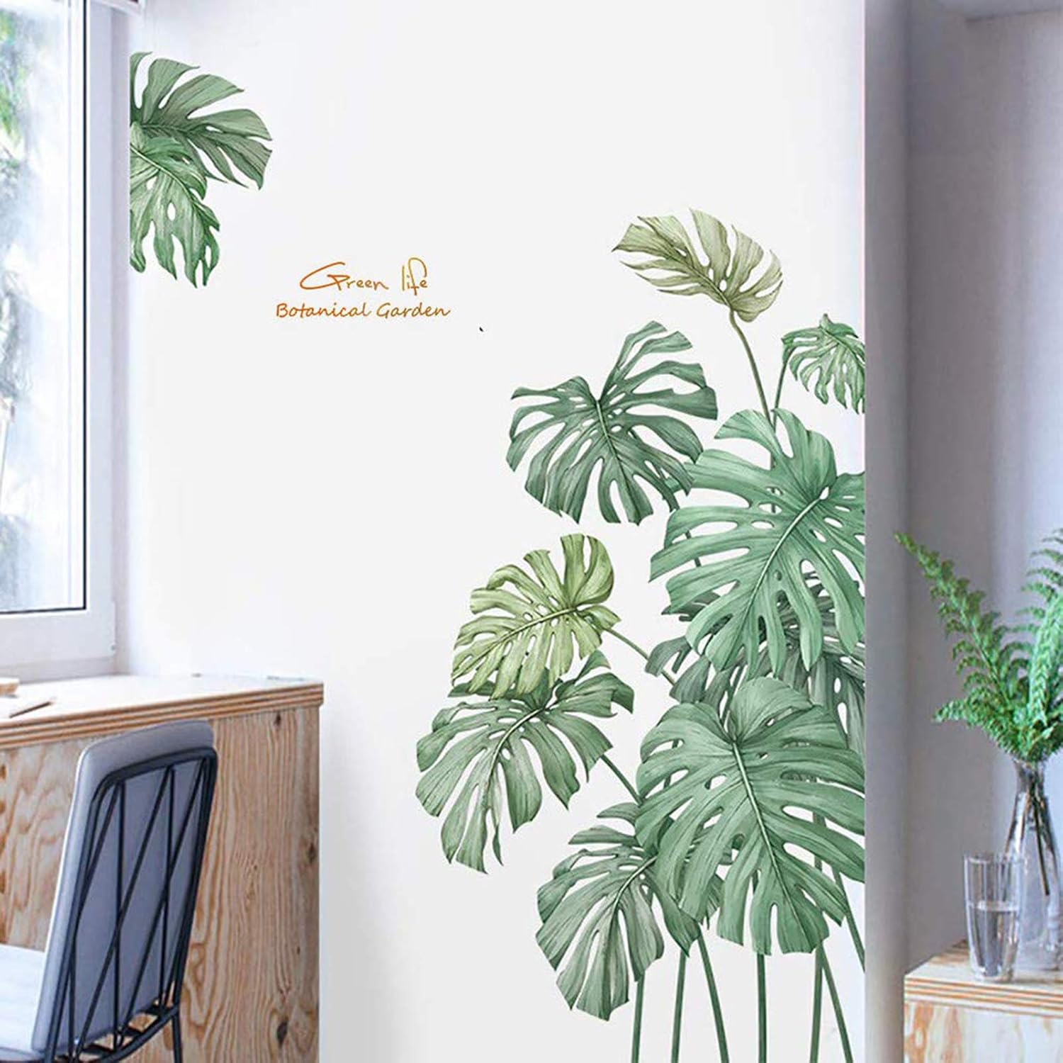 Green Tropical Wall Stickers Palm Leaf Wall Decals for Bedroom, Natural Plants Art Murals Jungle Leaf Wall Posters Fresh Wall Decor for Living Room Nursery Office