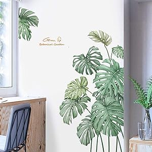 Green Tropical Wall Stickers Palm Leaf Wall Decals for Bedroom, Natural Plants Art Murals Jungle Leaf Wall Posters Fresh Wall Decor for Living Room Nursery Office