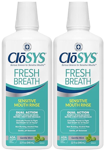 CLOSYS SENSITIVE MOUTHWASH, 32 OUNCE, 2 COUNT, GENTLE MINT, ALCOHOL FREE, DYE FREE, PH BALANCED, HELPS SOOTHE MOUTH SENSITIVITY, FIGHTS BAD BREATH