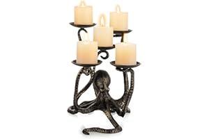 Sziqiqi Gothic Candle Holder Octopus Decor for Pillars Tealight Fireplace Candelabra 5 Candles for Halloween Dining Table Bathroom Cast Iron Vintage Octopus Seaside Decor