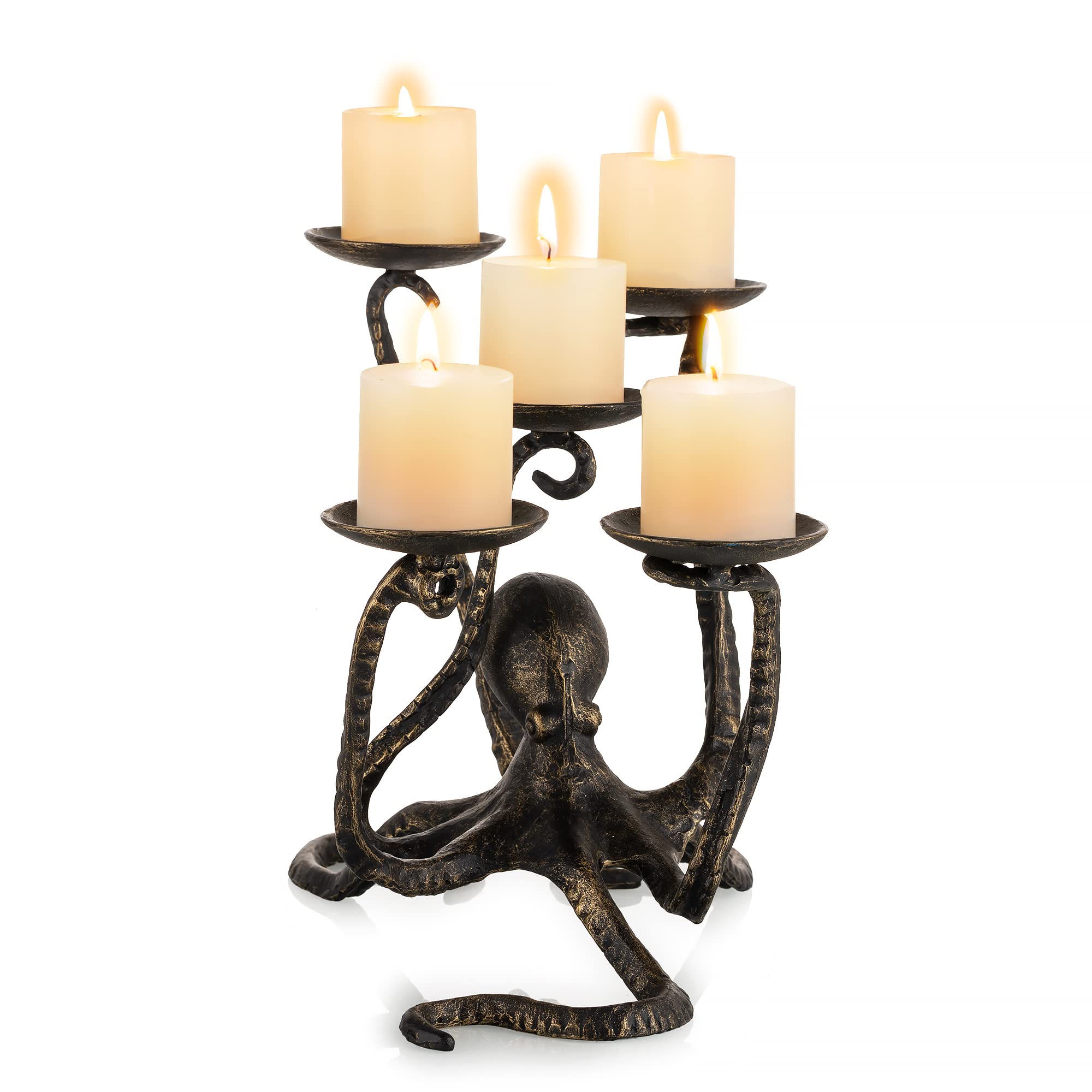 Photo 1 of Sziqiqi Gothic Candle Holder Octopus Decor for Pillars Tealight Fireplace Candelabra 5 Candles for Halloween Dining Table Bathroom Cast Iron Vintage Octopus Seaside Decor