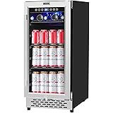 COLZER 15 Inch Beverage Cooler Refrigerator - 126 Cans Freestanding and Built-in Mini Fridge with Glass Door for Soda Beer Wi