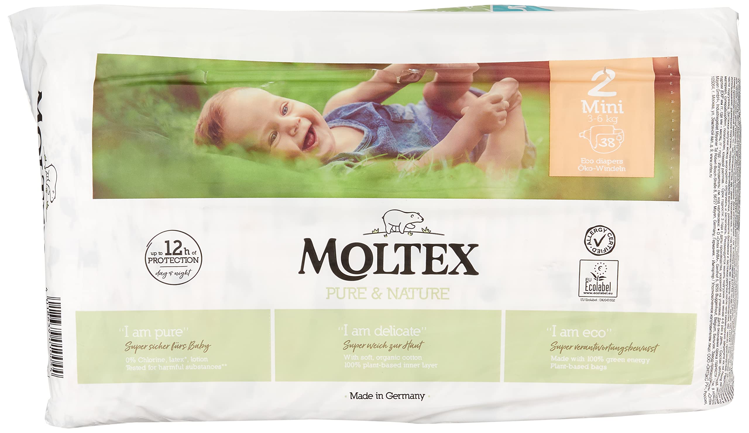 Moltex Pure & Nature Nappies Size 2 Mini (3-6 kg), Pack of 38