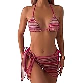 MakeMeChic Women's Boho Bikini Sets Striped Halter 3 Piece Swimsuit with Beach Cover Up Skirt