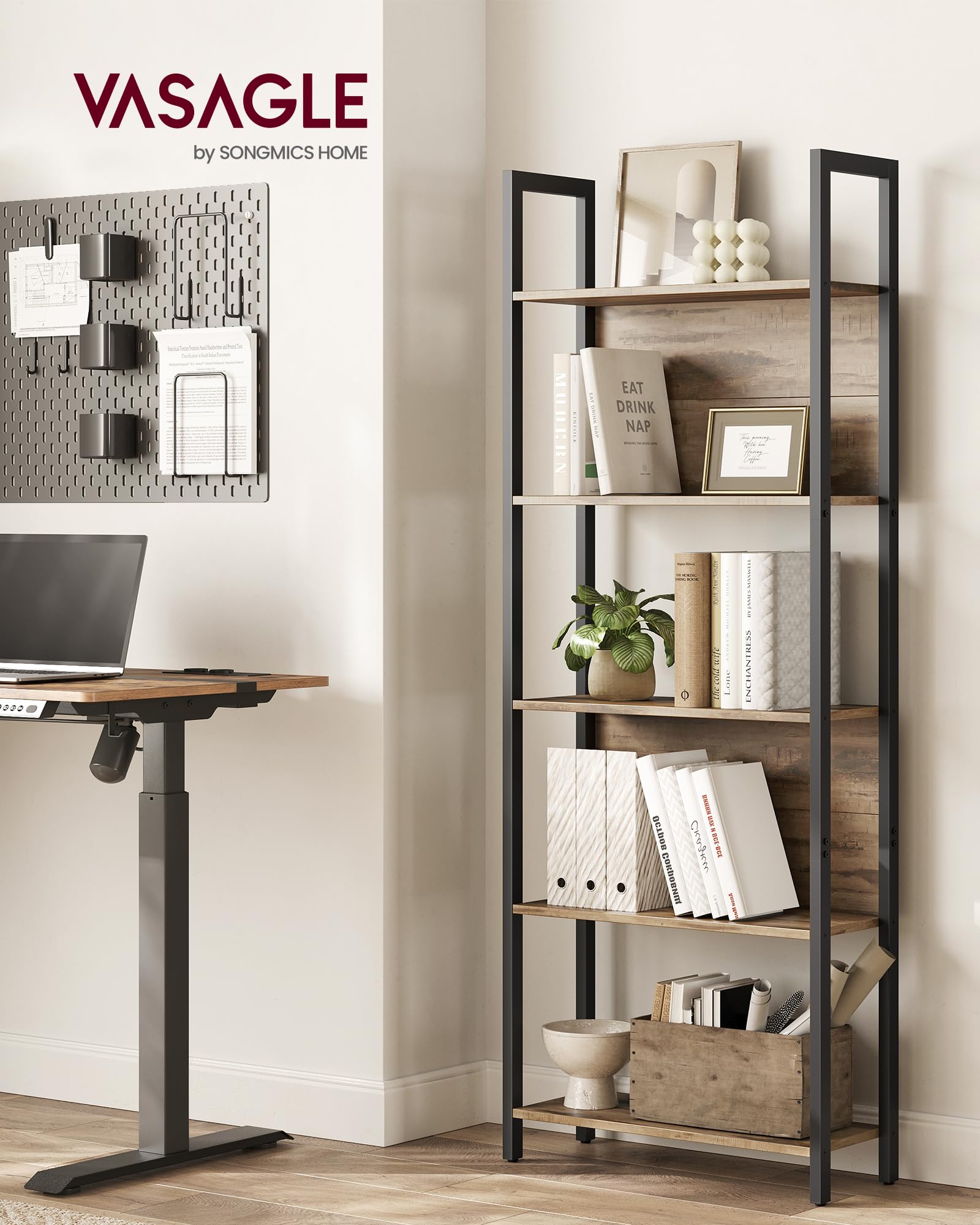 VASAGLE 5-Tier Bookshelf, Book Shelf, Industrial Bookcase, with Steel Frame, for Living Room, Home Office, Bedroom, 9.4 x 24.4 x 65 Inches, Camel Brown and Black ULLS025B50