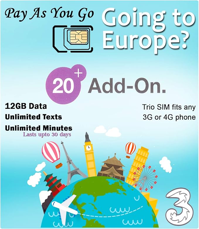 PrePaid Europe (UK Three) Sim Card 12GB Data+Unlimited Minutes