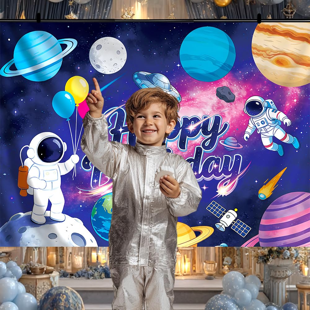 Condition photo showing New/Like New for 8x6ft space astronaut happy birthday backdrop photography spaceship element decorations banner background for kids' birthday planet party photo booth props