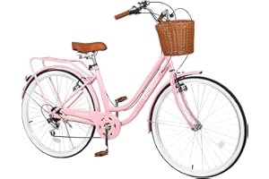 MAPONEEN 26 Inch Womens Bike, Beach Cruiser Bike for Women, Hybrid Cruiser Bike with 7 Speed, Adjustable Seat, Women Beach Cruiser Bike with Anti-Skid Tires, Multi Color (Double Bar with Basket, Pink)