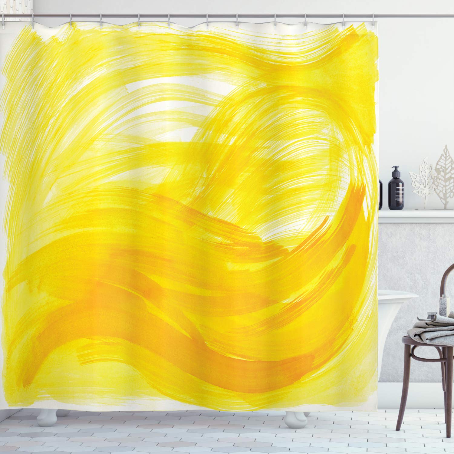ABAKUHAUS Yellow and White Shower Curtain, Painting Style Brushstroke Twist Abstract Monochrome Wave, Cloth Fabric Bathroom Decor Set with Hooks, 86 Inches Extra Long, Yellow Marigold โ image 1