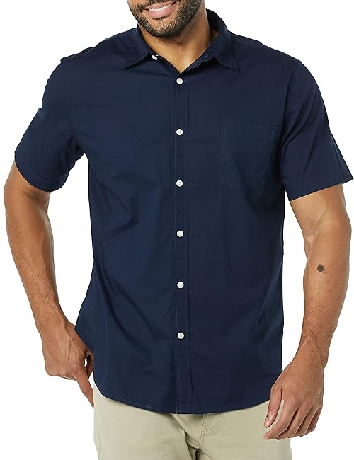 Amazon Essentials Men's Slim-Fit Short-Sleeve Poplin Shirt, Navy, Medium