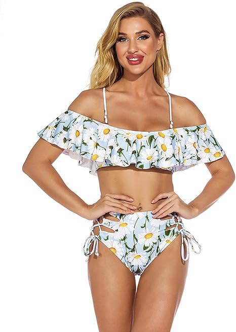 Amazon Co Jp 女性ツーピース水着 ハイウエストビキニオフショルダーフリル水着 タイサイドビキニセット ツーピースセクシー水着 Xl ホーム キッチン