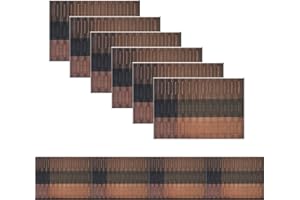 Bright Dream Placemats and Table Runner 11.8x70.8inches Set for Dining Table Easy Clean Plastic Table Mats Non-Slip Woven Vinyl (1 Table Runner and 6 Placemats,Coffee+Black)
