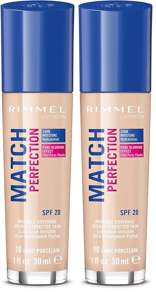 Rimmel Match Perfection Foundation 010 Light Porcelain, Medium Coverage, 24hr Hydration, No Caking or Creasing, Lightweight, Reduces Imperfections, Invisible Coverage, SPF20, Cruelty Free (Pack of 2)