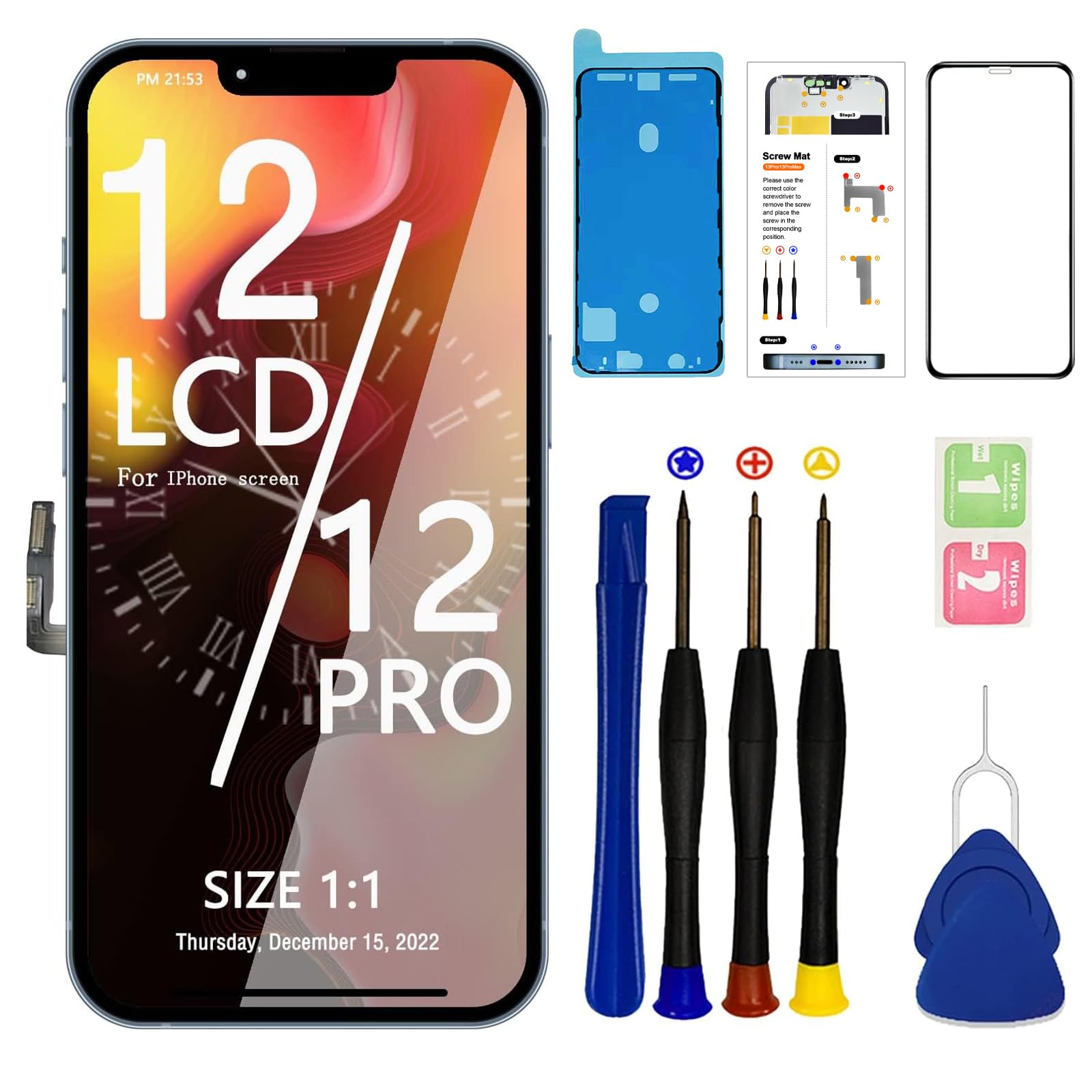 SIMDOG for iPhone 12/12 Pro Screen Replacement Kit 6.1 inch for iPhone 12/12 Pro Screen Full HD LCD Display 3D Touch Screen Digitizer Full Assembly + Repair Tools + Screen Protector