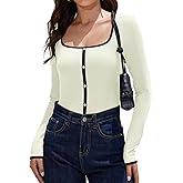 DYLH Square Neck Tops for Women Basic Long Sleeve Tops for Women Slim Fit Long Sleeve Shirt Decorative Button Down Shirt