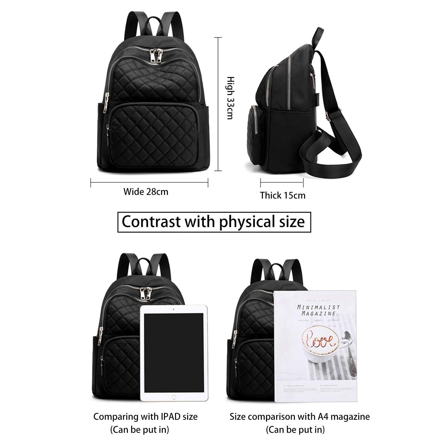 Backpack Ladies Daypack Nylon Waterproof Shoulder Bag Girl Anti-Theft Elegant Backpack (Black)