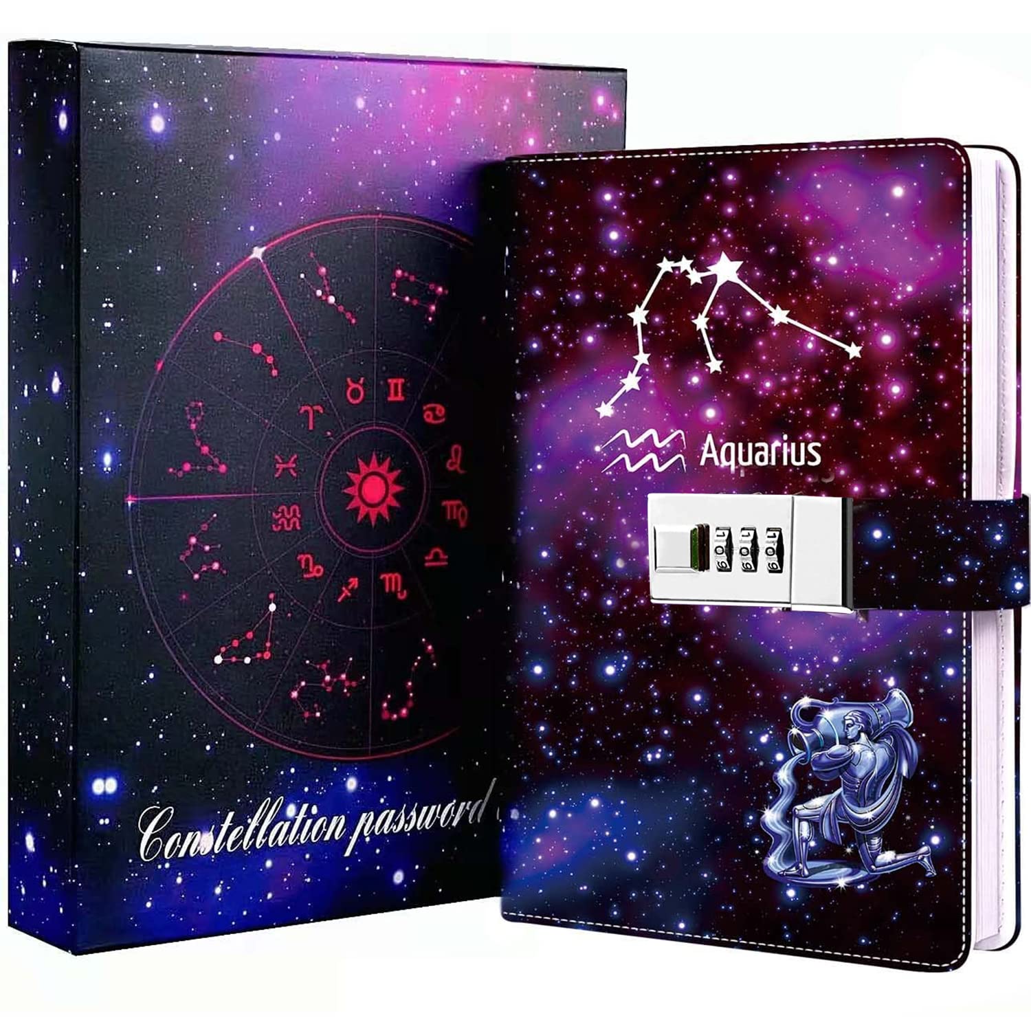 Dzhzal Diary with Lock, Starry Sky Journal for Boys Girls Women Lockable Leather Constellation Diary with Gifts Box, Personal Secret Locking Refillable A5 Notebooks 8.5 X 5.9"