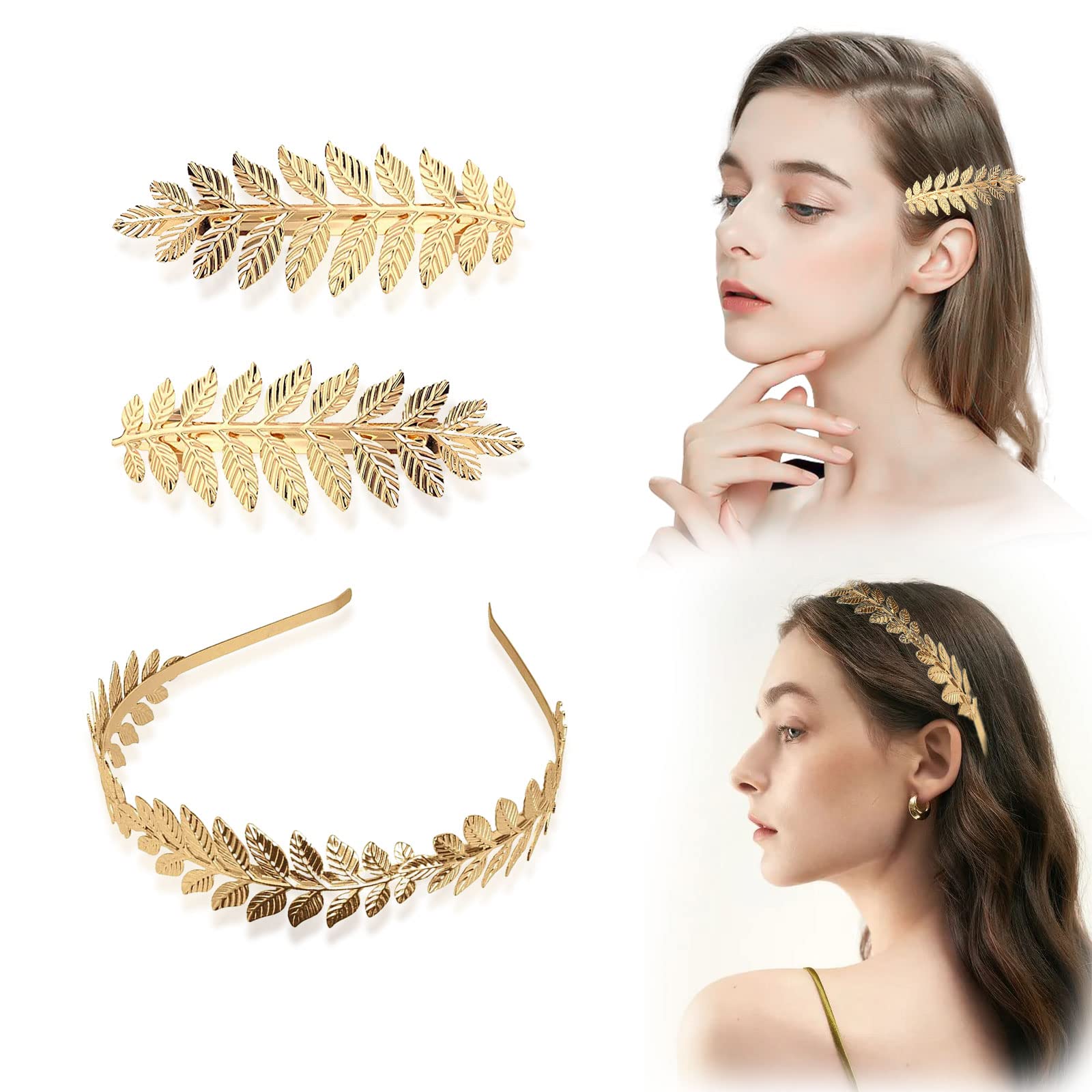 TSHAOUN 3pcs Roman Leaf Crown, Girls Greek Headband, Boho Headpiece, Gold Leaves Hair Barrettes