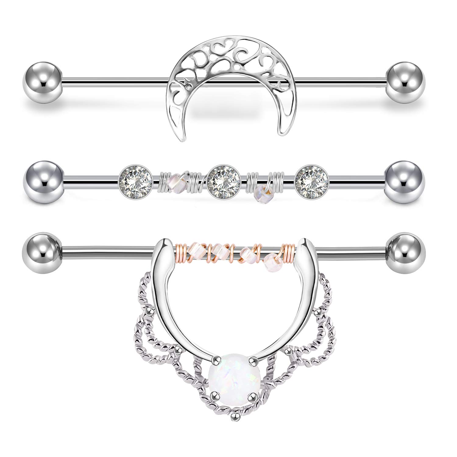 Mayhoop 3Pcs 14G Industrial Barbells Surgical Steel Opal Bead Winding Cartilage Earring Industrial Bar Silver Body Piercing Jewelry 38mm