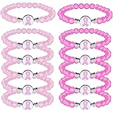 Karenhi 12 Pcs Breast Cancer Awareness Glass Beaded Bracelets Pink Ribbon Bracelets Breast Cancer Survivor Gifts for Women