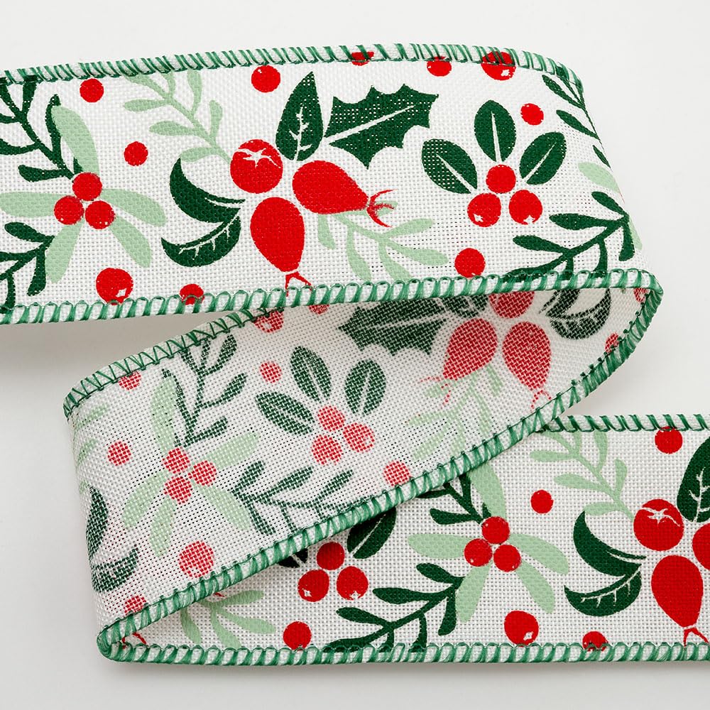 Italian Options Holly Berries Cream Linen Wired Ribbon, Christmas Hessian Ribbon for Crafts, Gift Wrapping Accessories, Wreaths, Tree Decorations, Burlap Fabric, Cream, 38 mm x 10 Metre Roll — image 1