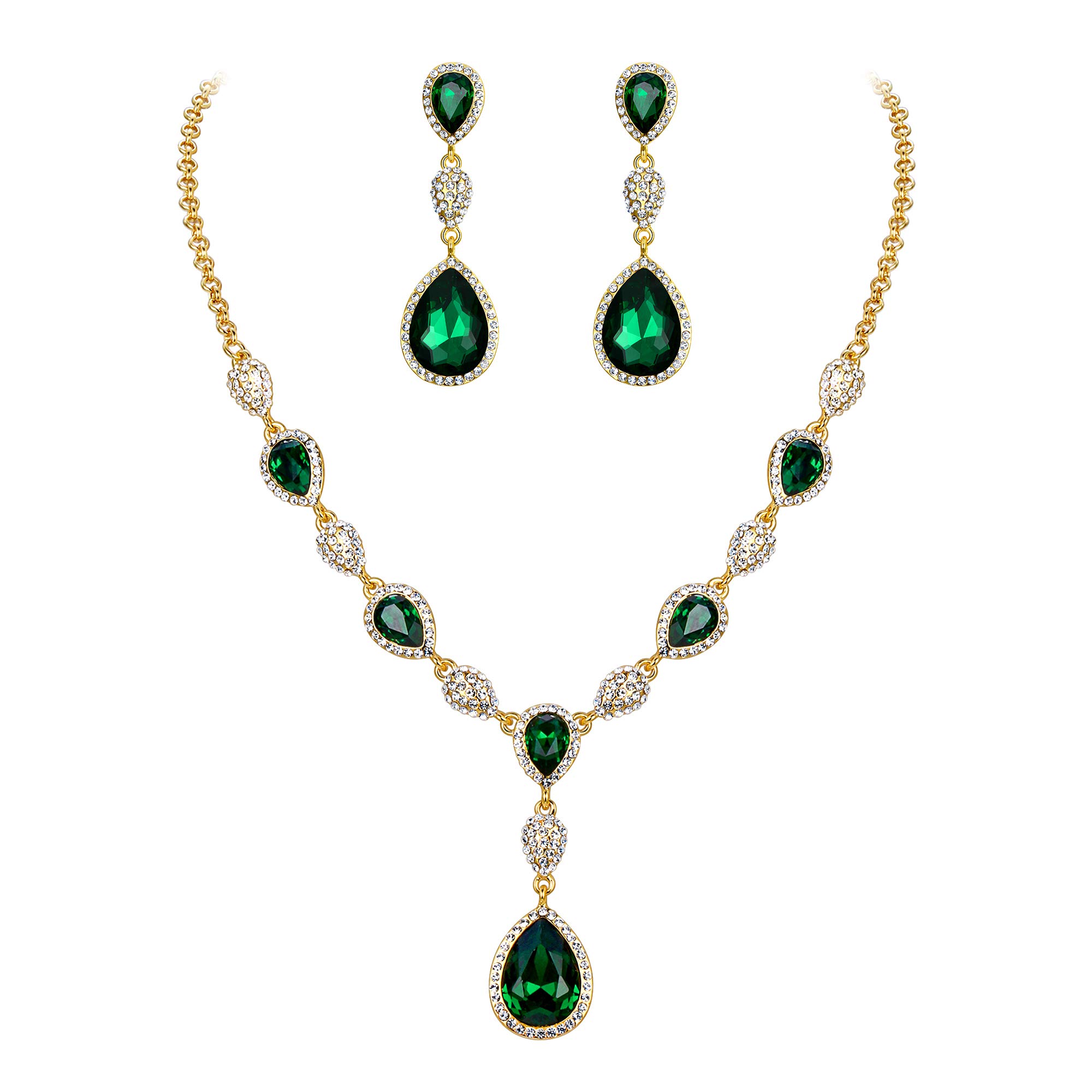 Clearine St Patricks Day Jewellery Wedding Bridal Cubic Zirconia Teardrop Y Necklace Earrings Set for Women Emerald Gold-Tone