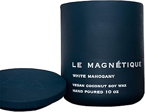 Le Magnetique | White Mahogany | Luxury Scented Vegan Coconut Soy Aromatheraphy Jar Candle with Lid | Hand Poured in The USA | Clean & Slow Burn | 10 oz (Navy Blue, Medium)