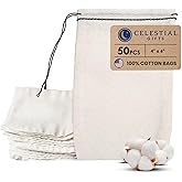 Celestial Gifts Muslin Bags - 100% Cotton Drawstring Medium 50pcs, 4x6, Reusable Tea Bags, Jewelry Gift, Spice and Pouch Gift Sachet - Made in USA - (Black Hem and Drawstring)