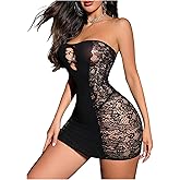 OYOANGLE Women's Floral Lace Strapless Lingerie Dress Cut Out Bodycon Chemise Tube Top Nightgowns Sleepwear