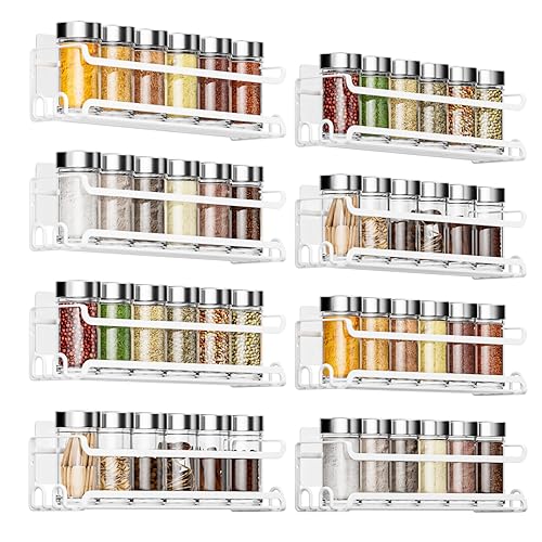 LUCYCAZ 8 Pack Wall Mounted Spice Rack with 16 Hooks, Spice Organizer Shelf for Stove Cabinet Pantry Door,Screw or Adhesive Spice Shelf Hanging Wall Spice Rack in Kitchen and RV (White, 8 PACK)