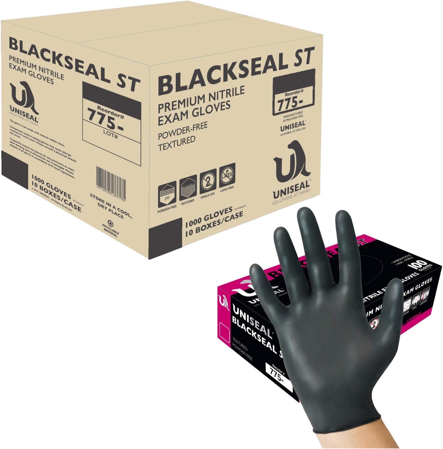 Uniseal Soft Nitrile Premium Exam Gloves - Blackseal ST Case of 1000 Gloves, Latex and Powder-Free, 5 mil, Textured, Non-Sterile, Durable, Superior Puncture Resistance, Disposable Black Gloves