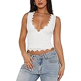 REORIA Womens Sexy V-Neck Sleeveless Double Lined Going Out Y2K Trendy Lace Cropped Tank Tops