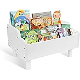 PHOENANCEE Kids Bookshelf,Montessori Bookshelf Small for Toddler,Baby Book Shelf Caddy with Divider,Toddler Book Storage Holder Container Wooden for Playroom,Kids Room,Nursery,Classroom,Pine (White)