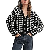 Ailoqing Womens Checkered Cardigans Sweaters V Neck Button Down Long Sleeve Cable Knit Outerwear Tops