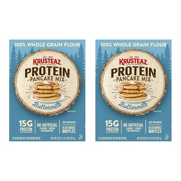 KRUSTEAZ PROTEIN PANCAKE MIX, BUTTERMILK PANCAKE MIX, 100% WHOLE GRAIN FLOUR & 15G OF PROTEIN PER SERVING, ALSO MAKES WAFFLES, JUST ADD WATER 20 OUNCE (PACK OF 2)