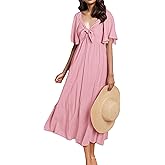 GOLDSTITCH Summer Dress for Women 2025 Casual Short Sleeve Bow Tie V Neck Smocked High Waist A-Line Flowy Midi Dress