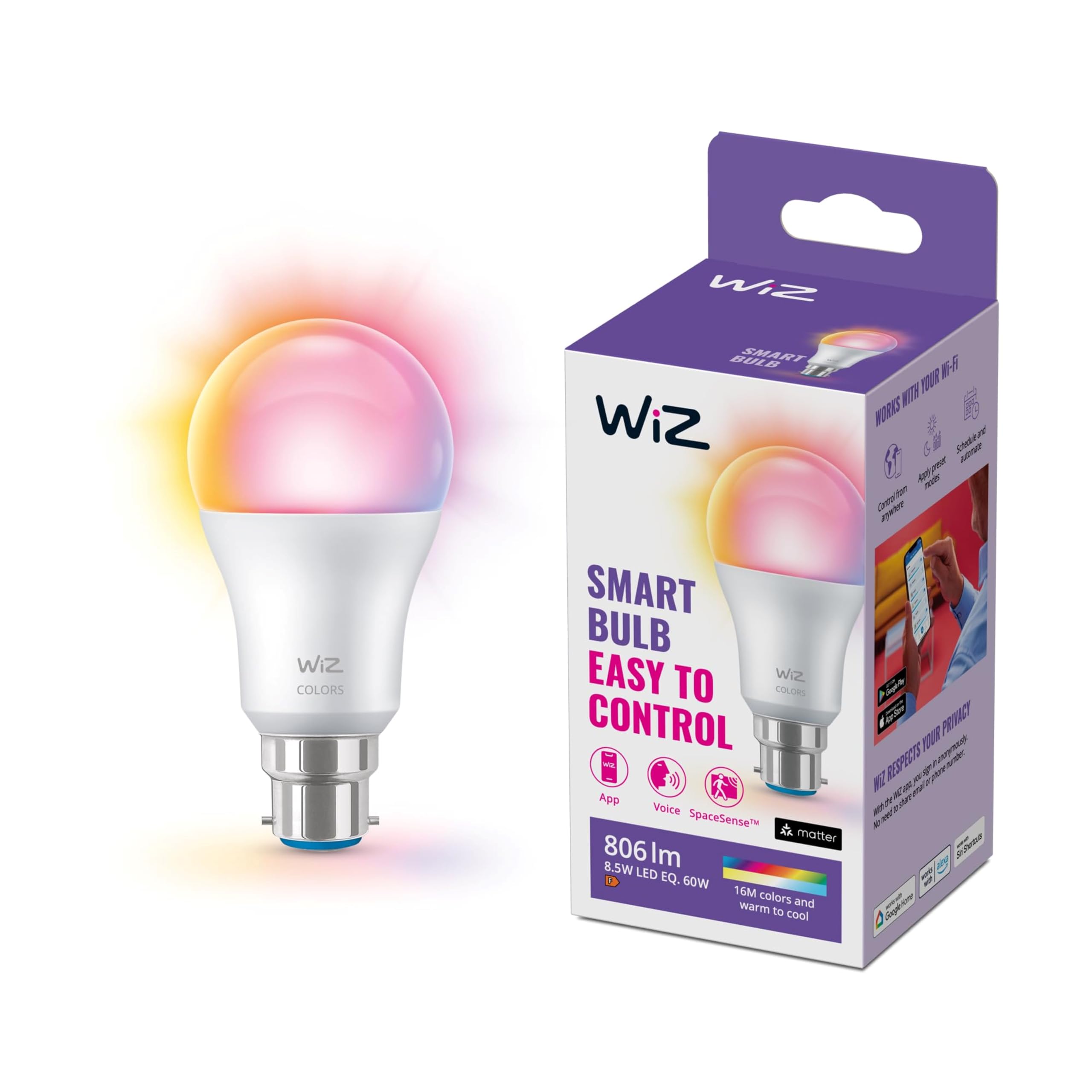 WiZ Smart Colour Bulb, A60, 8.5W, Colour, Motion Sensor with App, Connected WiFi Works with Alexa, Google Assistant & HomeKit, App Control for Home Indoor Lighting, Bedroom, Energy Monitoring