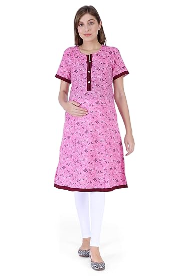 Women's Cotton Bubblegum Pink Maternity/Feeding Kurti