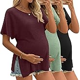 Riyiper 3 Pack Women's Maternity Tunic Shirts Cotton Summer Pregnancy Clothes Loose Oversized Split Side Blouse Tops(Light Green, Wine Red, Black,S)