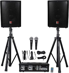Rockville Package PA System Mixer/Amp+10" Speakers+Stands+Mics+Bluetooth, (RPG2X10)