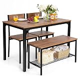 Giantex Dining Table Set for 4, 43" Kitchen Table and Chairs, Dining Bench with Metal Frame & Storage Rack, 4-Piece Modern Functional Desk Set for Dinette, Small Space, Apartment, Restaurant, Brown