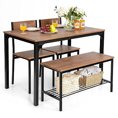 Giantex Dining Table Set for 4, 43" Kitchen Table and Chairs, Dining Bench with Metal Frame & Storage Rack, 4-Piece Modern Functional Desk Set for Dinette, Small Space, Apartment, Restaurant, Brown