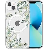RALEAVO for iPhone 13 Case Compatible with MagSafe Clear Floral Cover with Green Leaves Pattern for Girls Women Slim Cute Hard Back Shockproof Phone Case for iPhone 13,Transparent