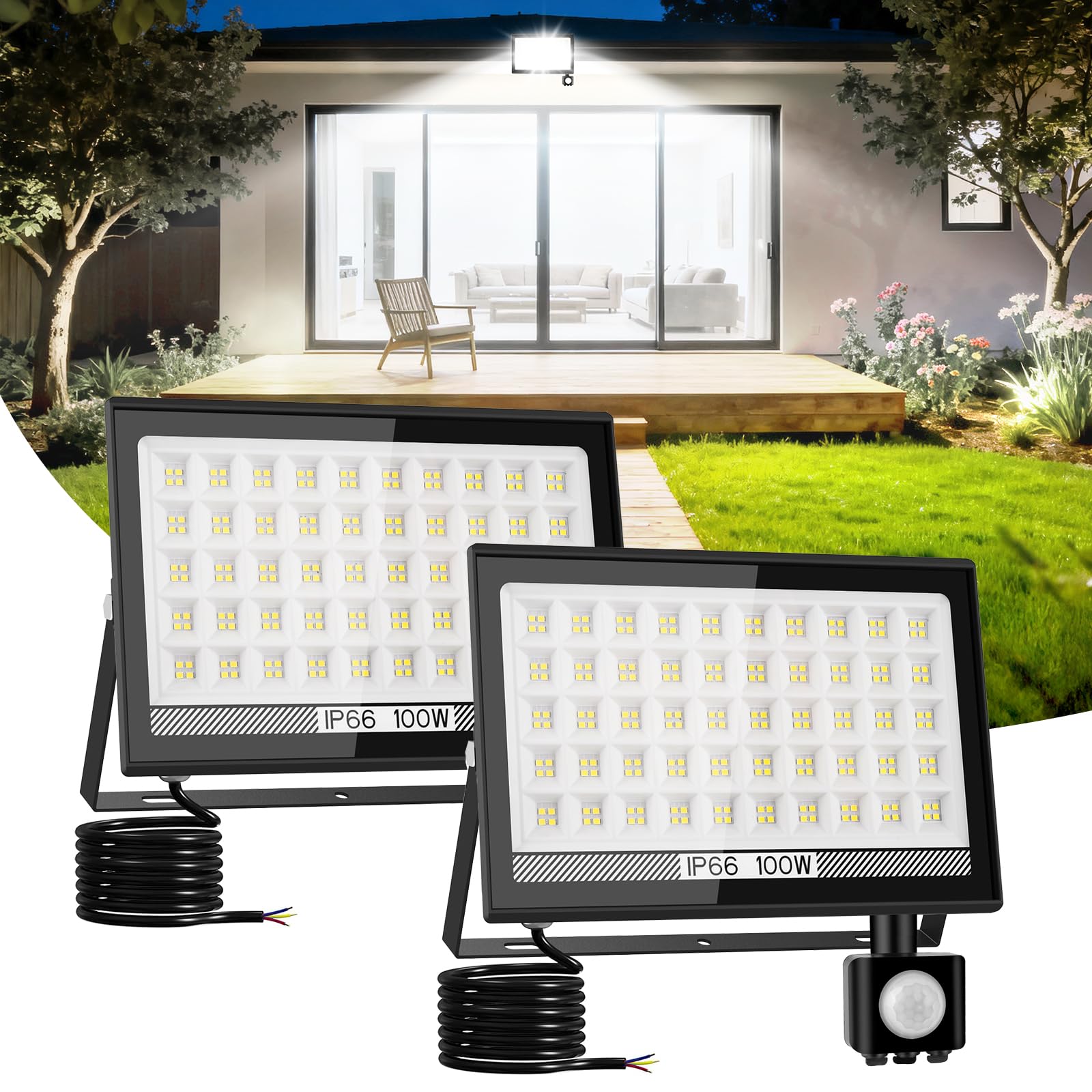 Security Lights Outdoor Motion Sensor 100W, Dusk Till Dawn Outdoor Lights, NATPOW Flood Lights with Smart PIR Sensor, 11000LM Daylight White LED Wall Light for Garage, Warehouse, Yard, Streets 2 Packs